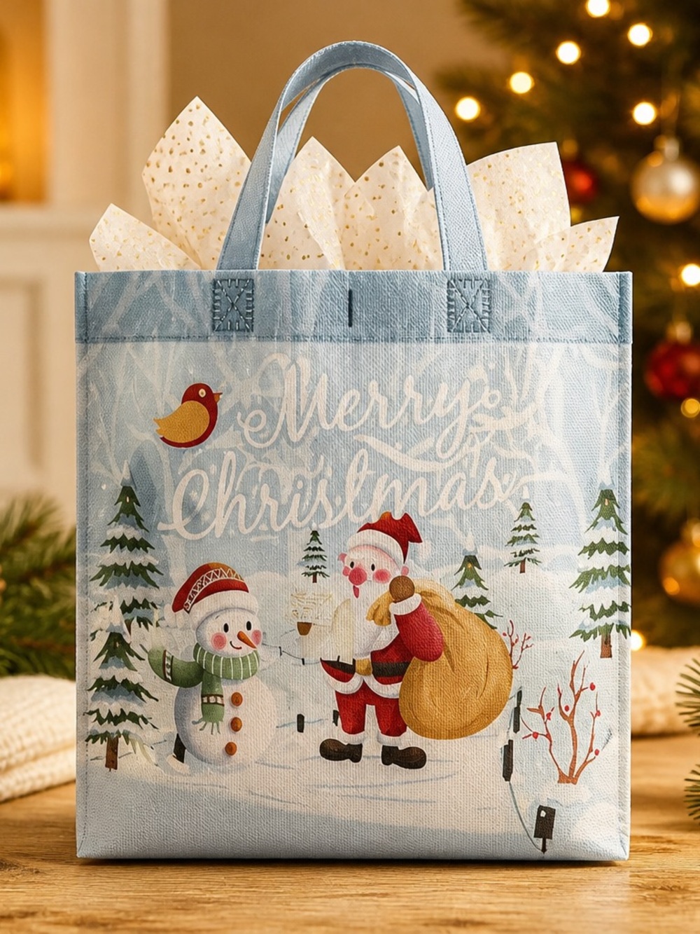Light Blue Merry Christmas Tote Bag with Santa & Snowman